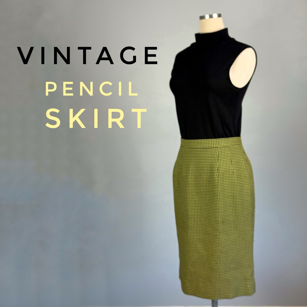 VINTAGE Acid Green and Black Diamond Checked Pencil Skirt - Small